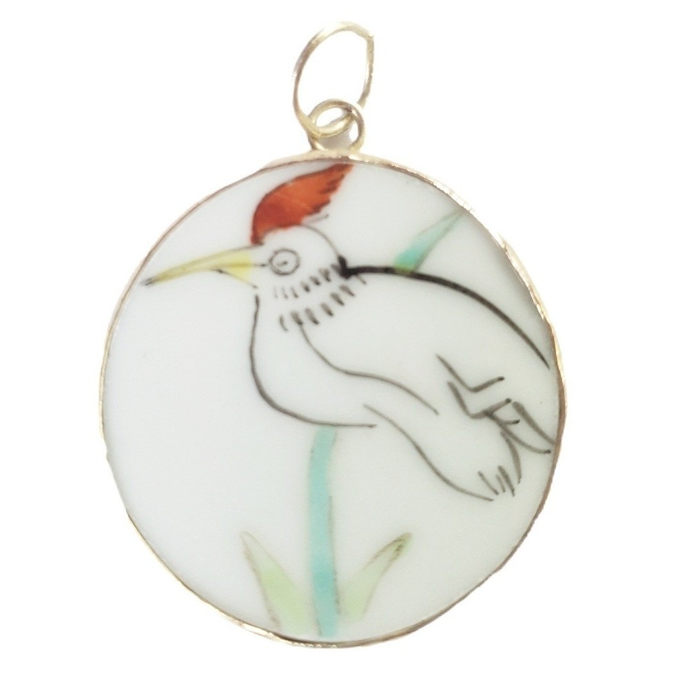 Bird‎ Pottery Shard Pendant Hand Painted Nature Jewelry Porcelain Heron Focal
